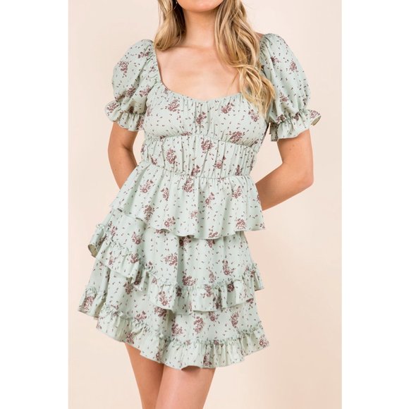 Sage Green Floral Print Puff Sleeve Top and Tiered Ruffle Flowy Mini Skirt SET - Picture 1 of 5